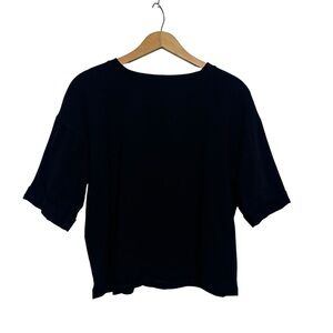 EILEEN FISHER Black Organic Cotton Spandex Blend Rolled Short Sleeve Boxy Top